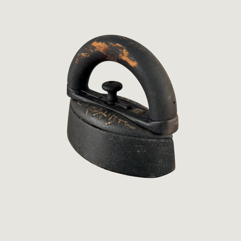Antique Cast Iron Sad Iron with Wooden Handle and‎ Gold Floral Accents Black